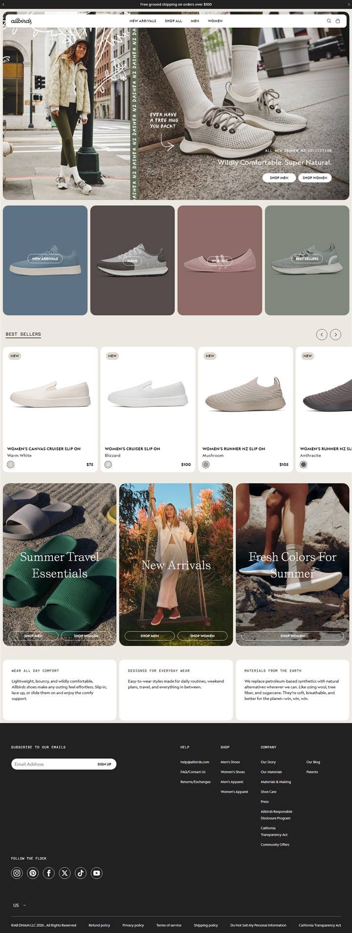 Allbirds homepage on a desktop browser