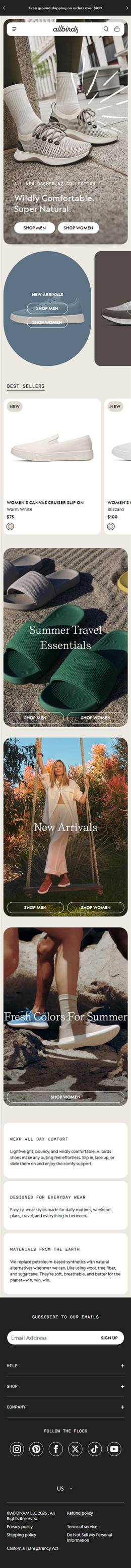 Allbirds homepage on a phone