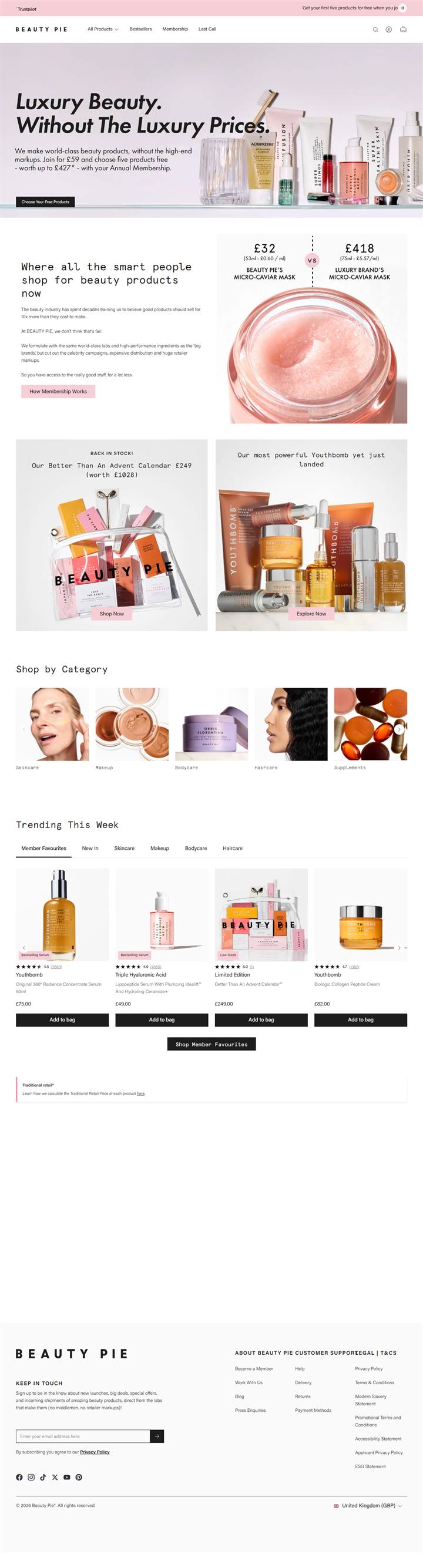 Beauty Pie homepage on a desktop browser