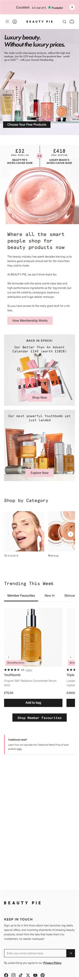 Beauty Pie homepage on a phone