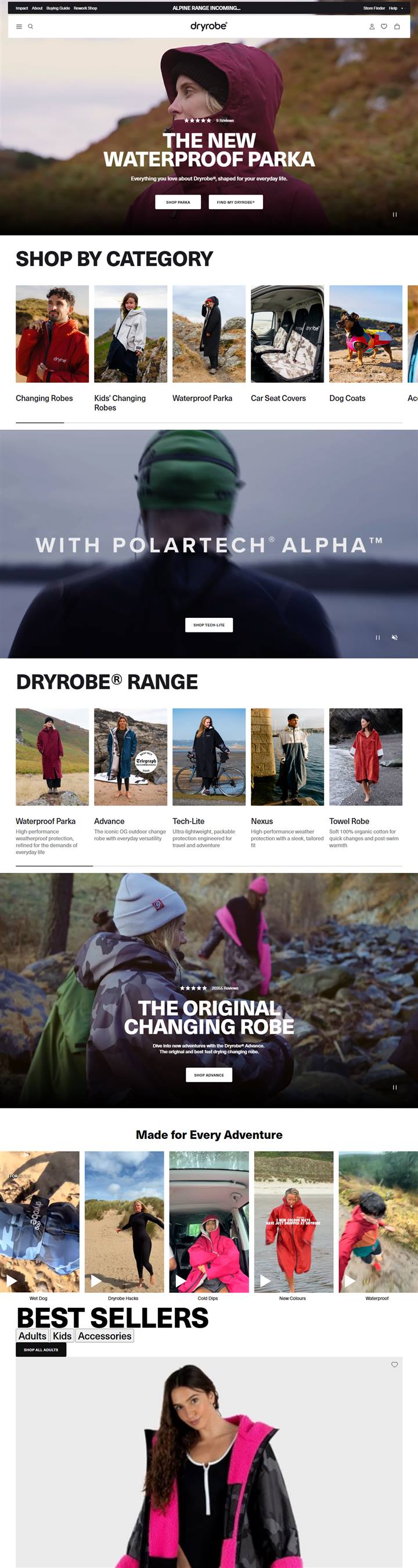 Dryrobe homepage on a desktop browser