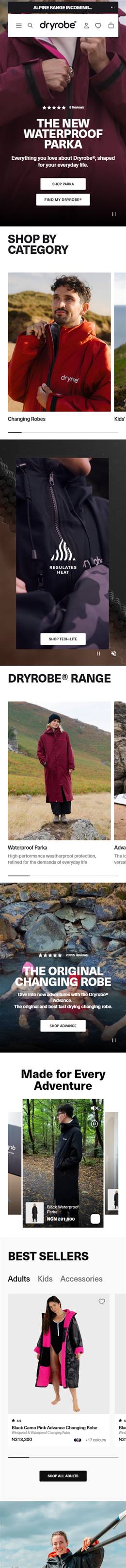 Dryrobe homepage on a phone