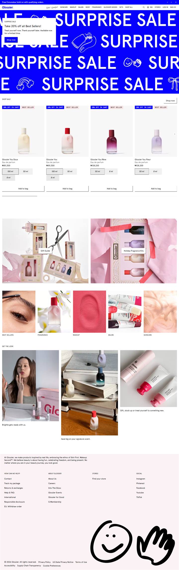 Glossier homepage on a desktop browser