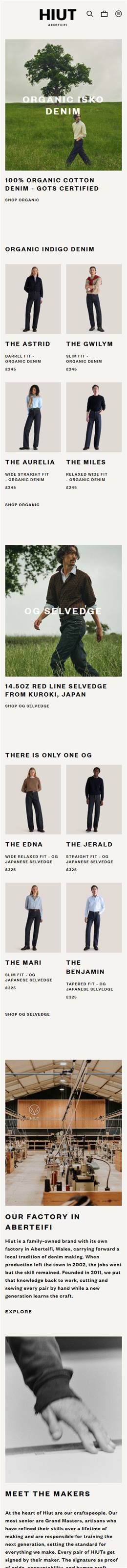 Hiut Denim homepage on a phone