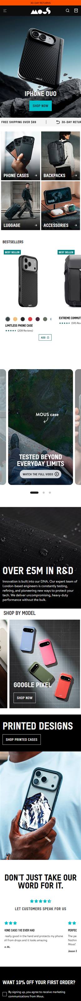 Mous homepage on a phone