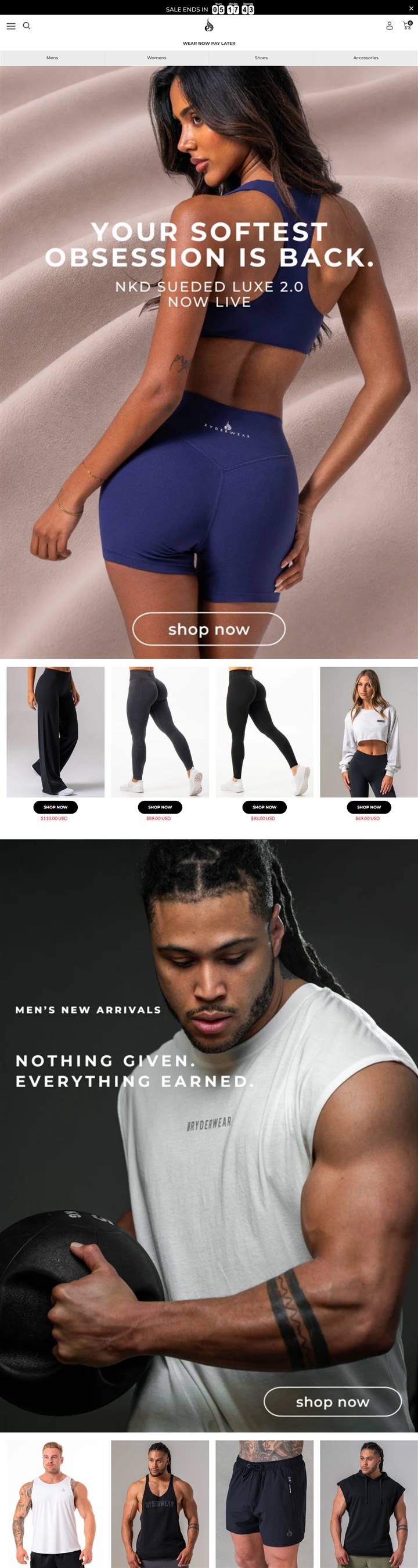 Ryderwear homepage on a desktop browser