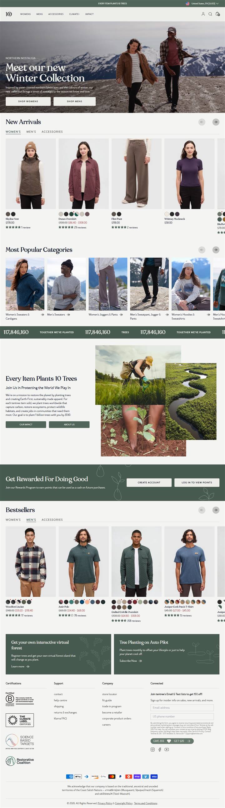 tentree homepage on a desktop browser