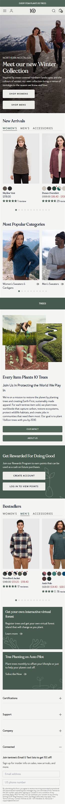 tentree homepage on a phone