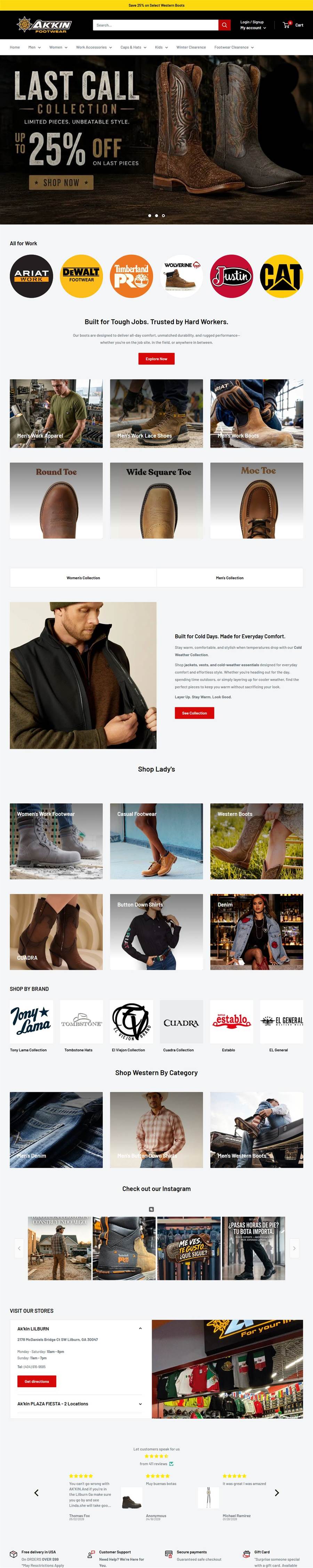 Ak'kin Footwear homepage on a desktop browser