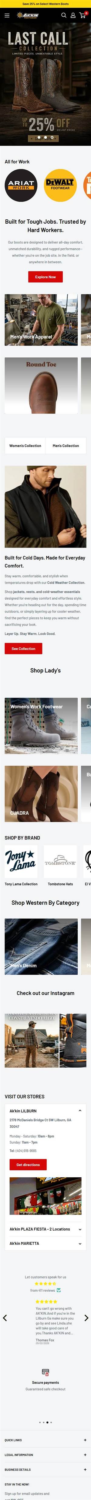 Ak'kin Footwear homepage on a phone