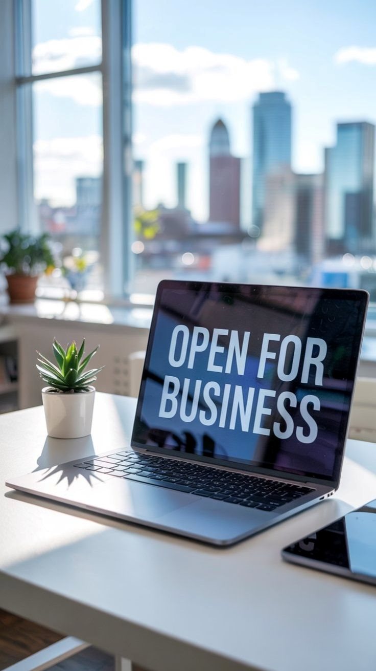 A laptop on a bright desk showing the words Open for business