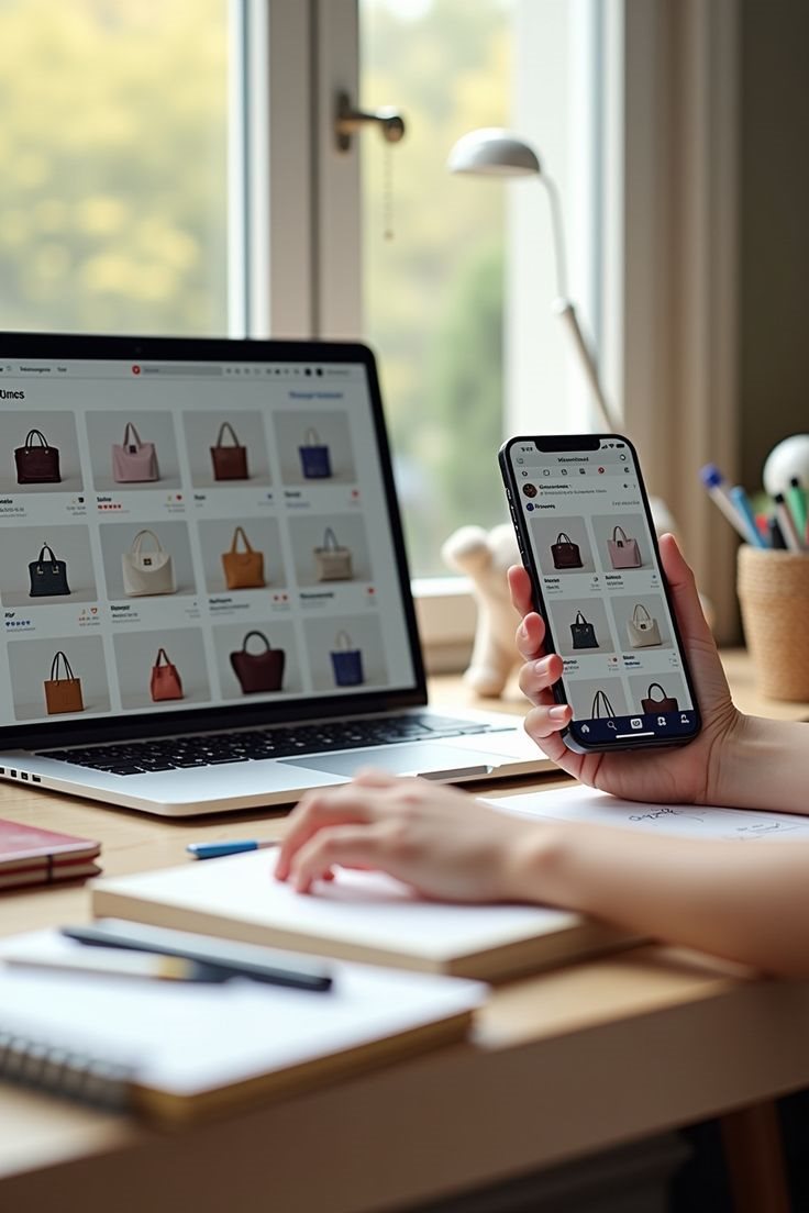 Someone comparing a store on a phone and a laptop at a bright desk