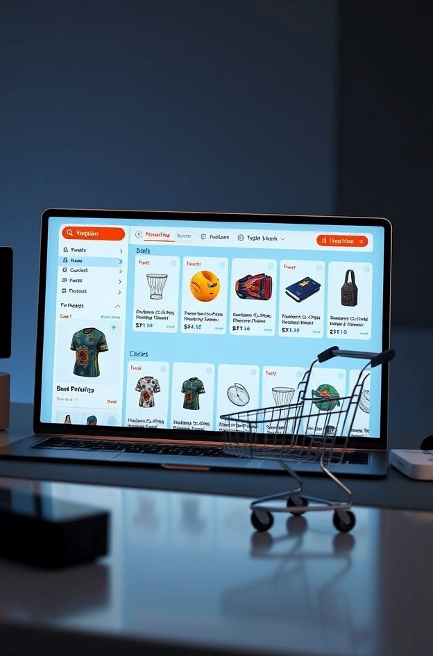 A laptop showing an online store, with a small shopping trolley in front of it