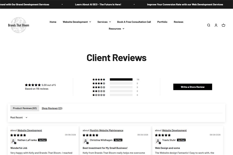 Brands That Bloom client reviews page
